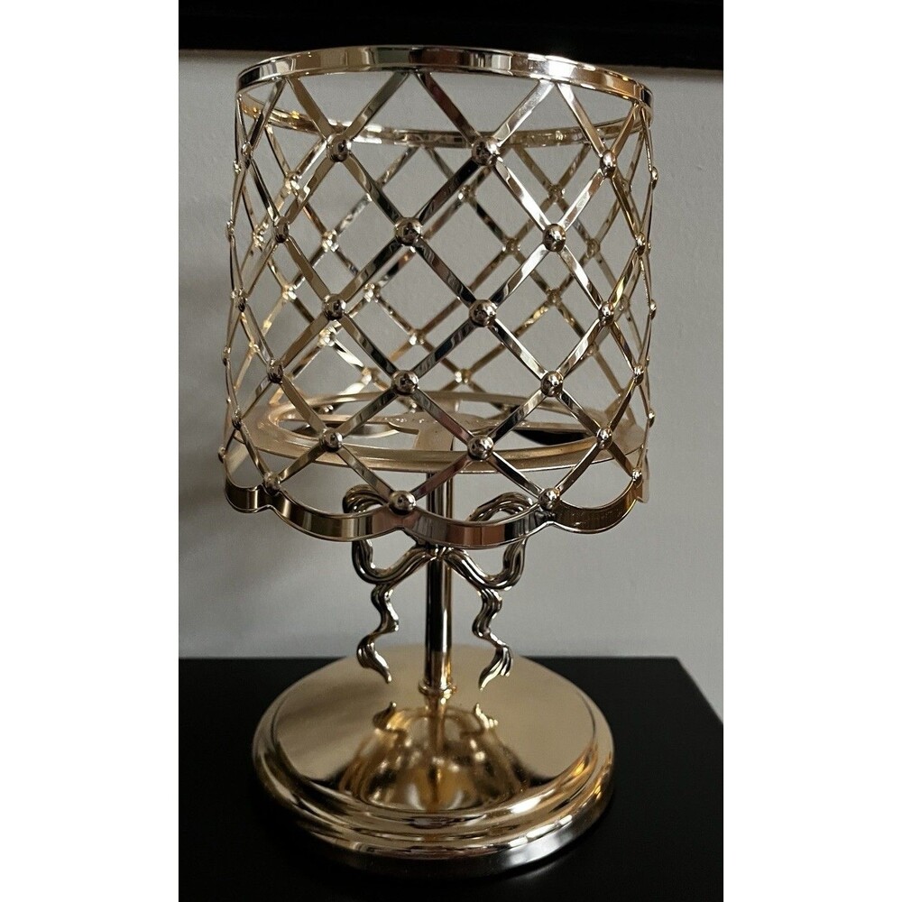 Bath & Body Works Bow Lamp 3 Wick Gold Coquette Candle Holder Stand Pedestal NEW